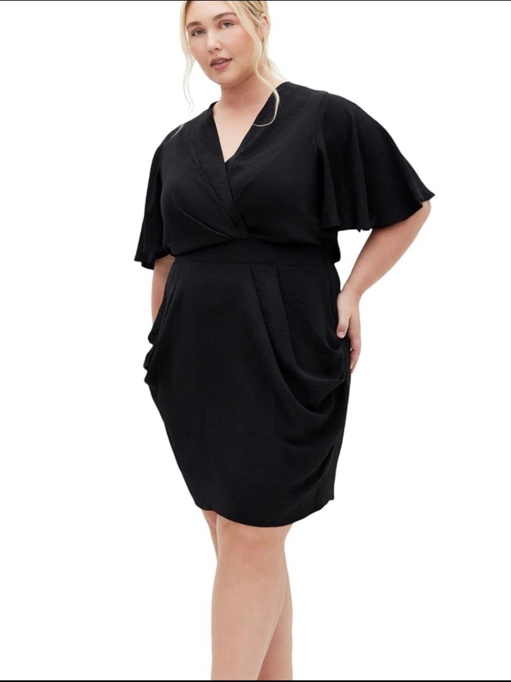 City Chic Black Wrap-Front Midi Dress with Flutter Sleeves